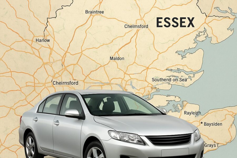 Silver car placed on a map of Essex highlighting towns like Chelmsford, Southend, and Braintree, representing selling your car in Essex with EasyCarBuyers