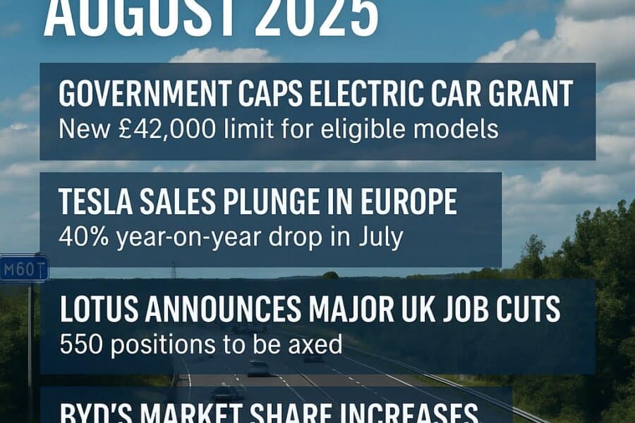 UK Motoring News August 2025 graphic highlighting key stories: UK government caps electric car grant at £42,000, Tesla sales plunge 40% in Europe, Lotus announces 550 UK job cuts, and BYD increases EV market share