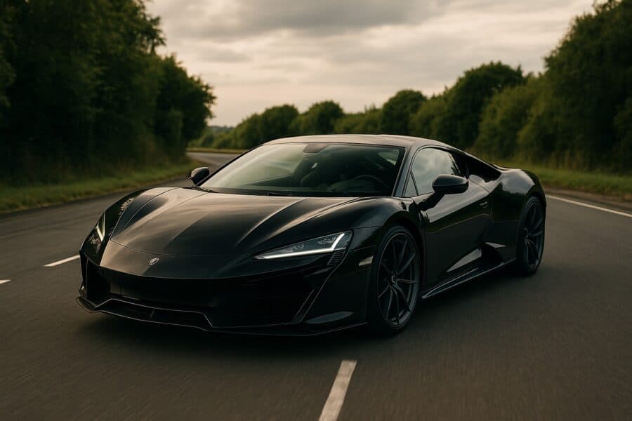 Luxury black supercar driving on a scenic UK countryside road at sunset, sleek modern design with LED headlights and aerodynamic body style.